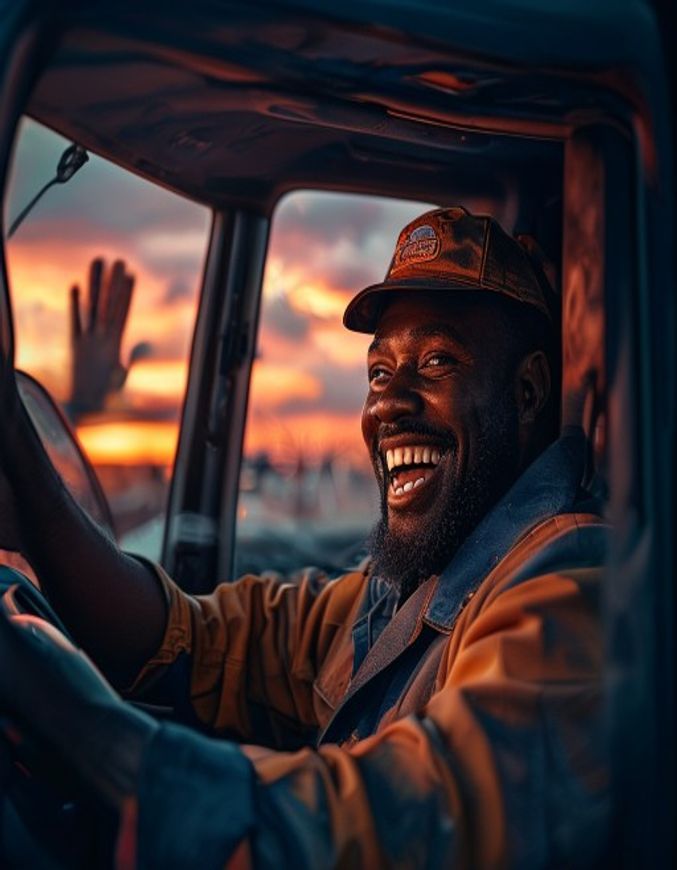 Smiling African truck driver waving from his cab
