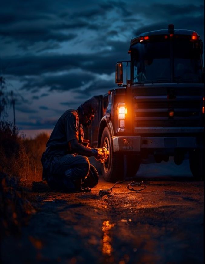 Mechanics repairing a truck on site