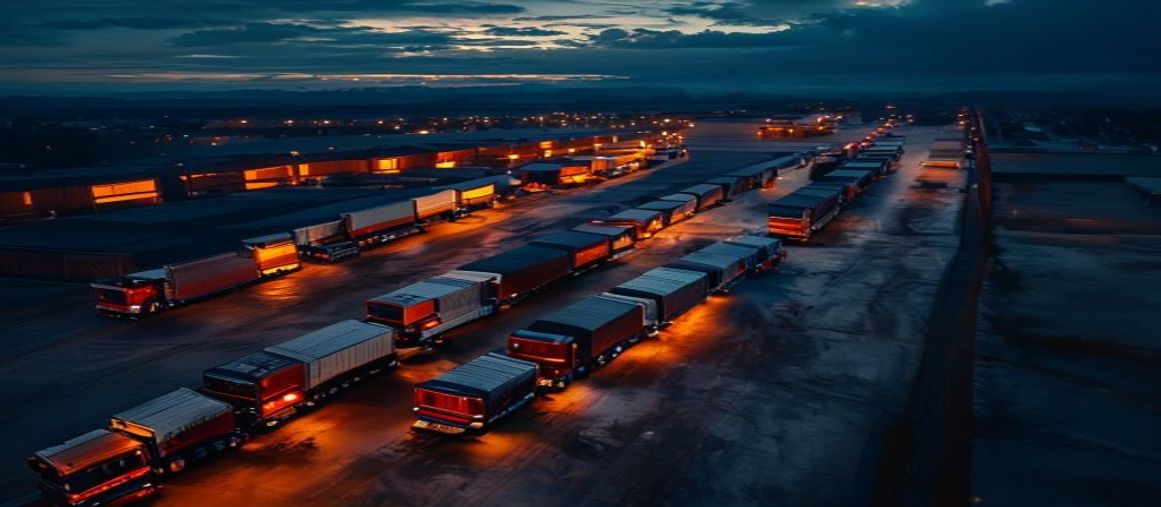 Fleet of trucks parked at a logistics depot