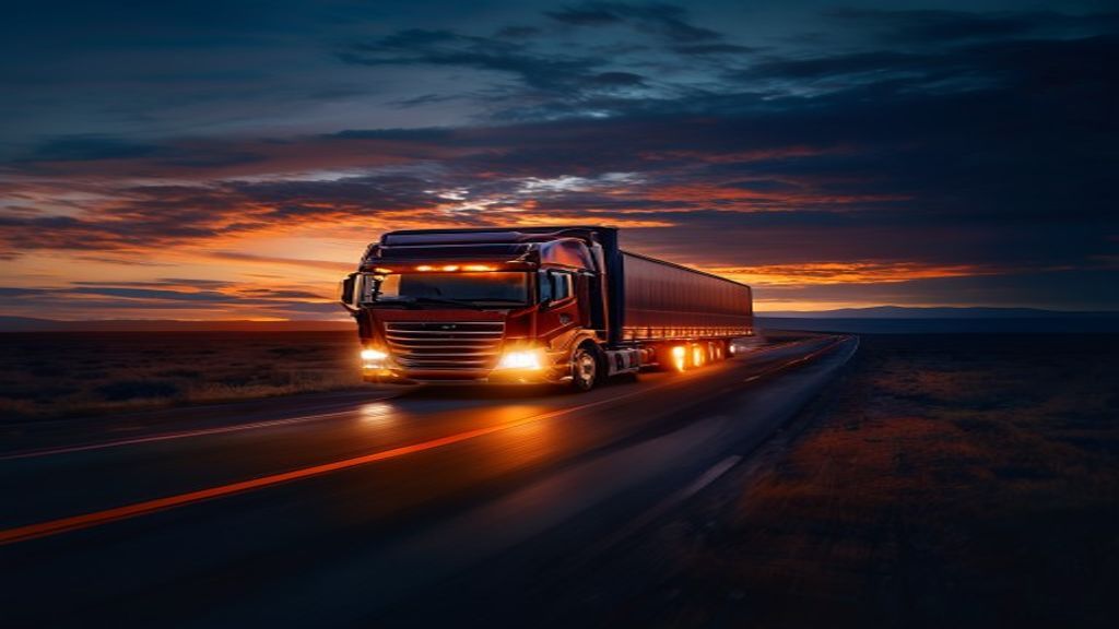 Long-haul truck on an African highway at dusk with headlights on