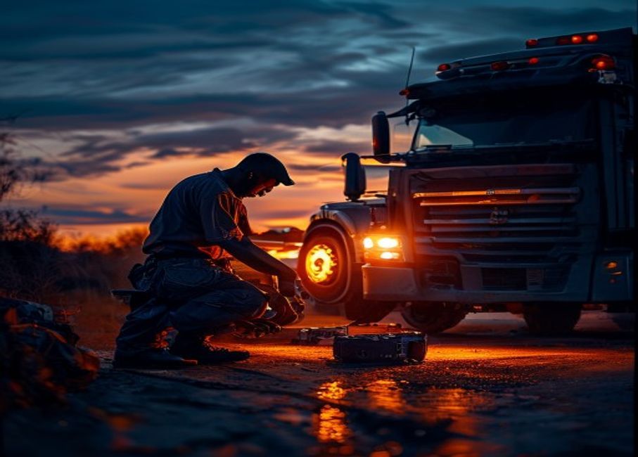 Mechanic repairing a heavy truck engine at the roadside